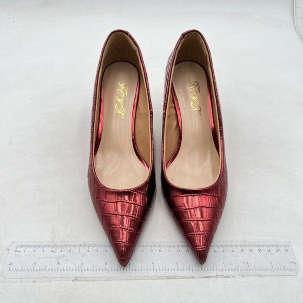 Fowt Simple Solid Croc-Embossed Pointed Toe Black… - image 3